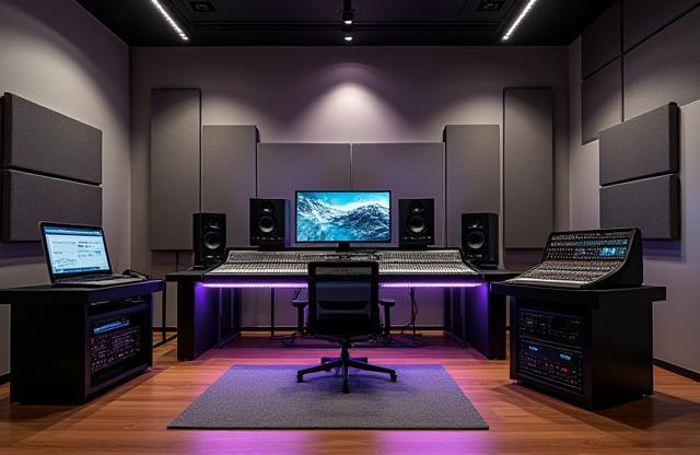 Modern audio studio environment with mixing board, studio monitors, and acoustic treatment panels, suggesting professionalism and quality.