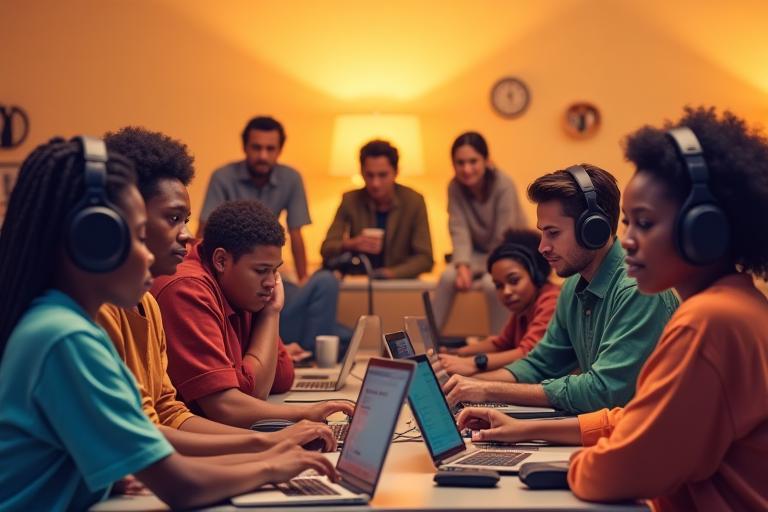 Diverse group of people listening to headphones or working on laptops, representing a variety of learners.