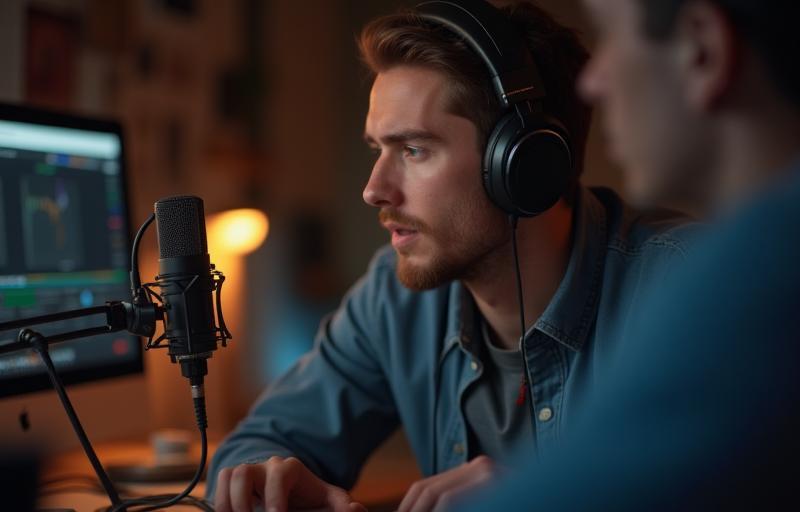 Person recording a podcast with headphones and microphone, focused and learning online. A warm light illuminates the scene, suggesting creativity and focus.